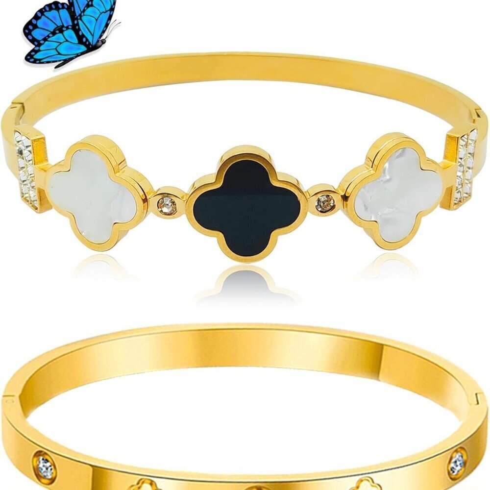 Clover Bracelet Stainless Steel 18K Gold Plated Stackable Jewelry for Women